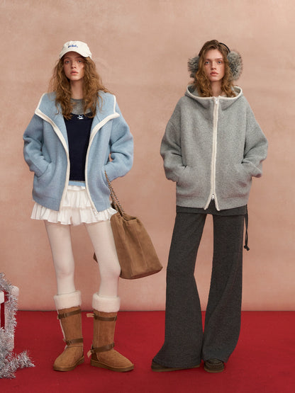 Relaxed Contrast-Trim Hooded Zip Cardigan