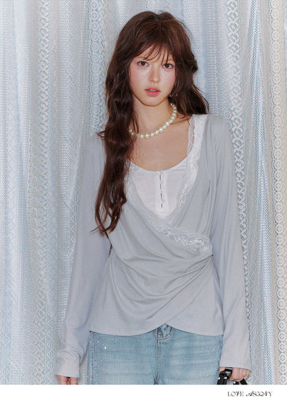 Tencel Lace Contrast Layered Cross-Drape Blouse