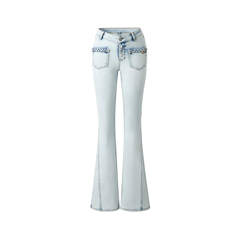 Braided Detail Mid-Rise Slim Flared Denim Jeans