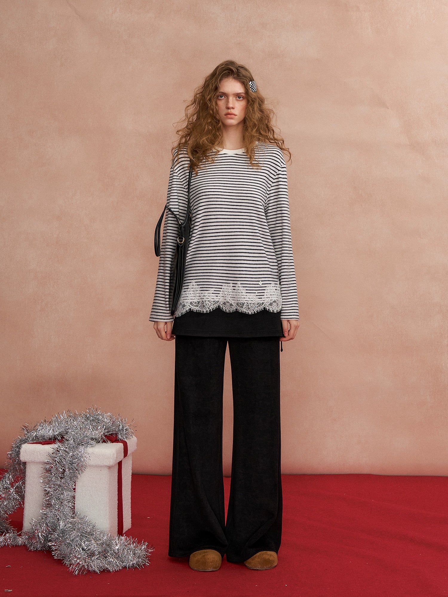 Lace-Panel Fuzzy Ribbed Long-Sleeve Tee