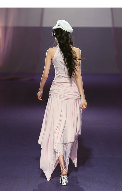 Vintage-Inspired Irregular Hem Shirt-Collar Sleeveless Maxi Dress