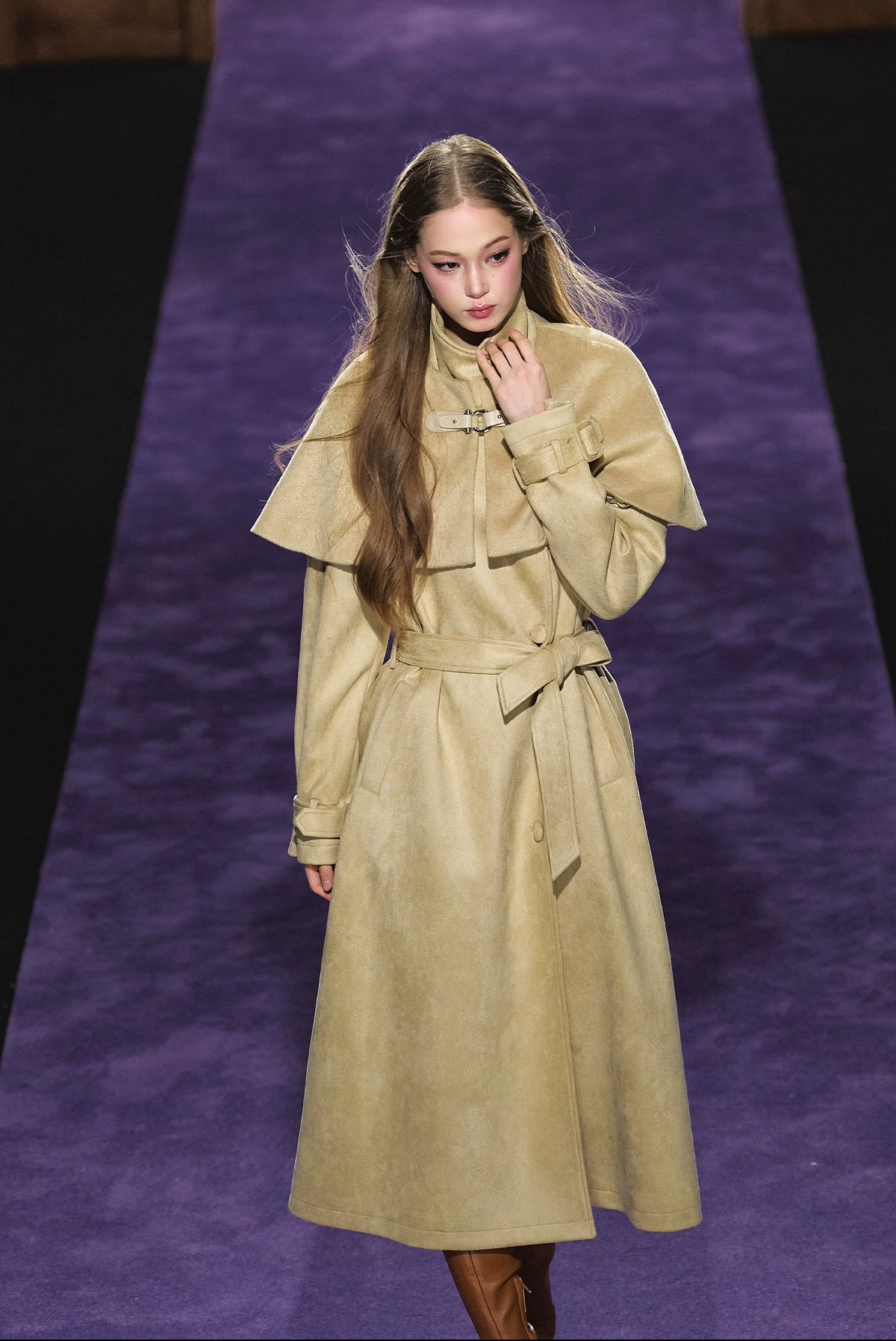 Shimmer Wool Cape Overlay &amp; Suede Long Detachable Belt Coat