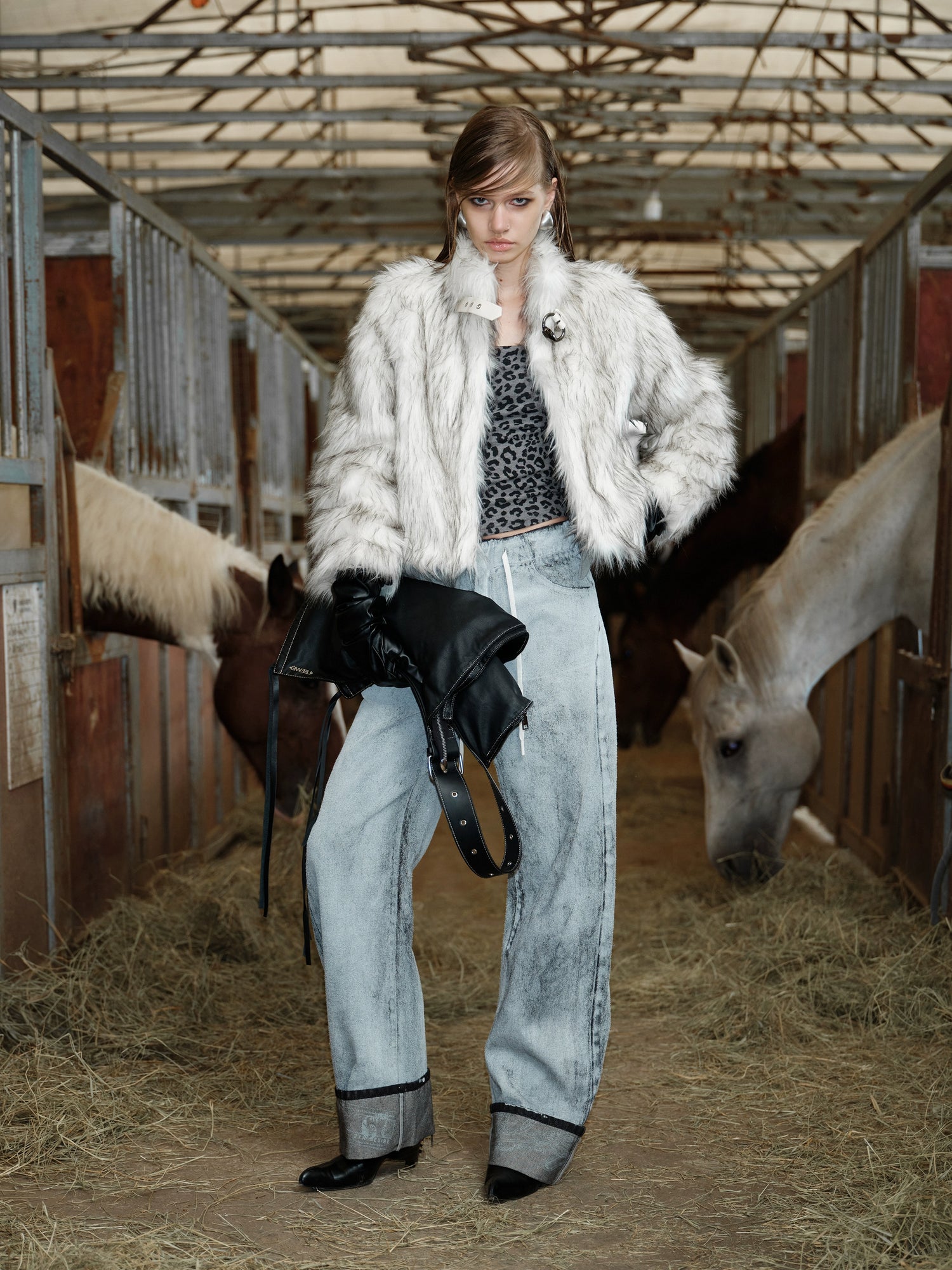 Metal-Buckle Stand Collar Faux Fur Coat