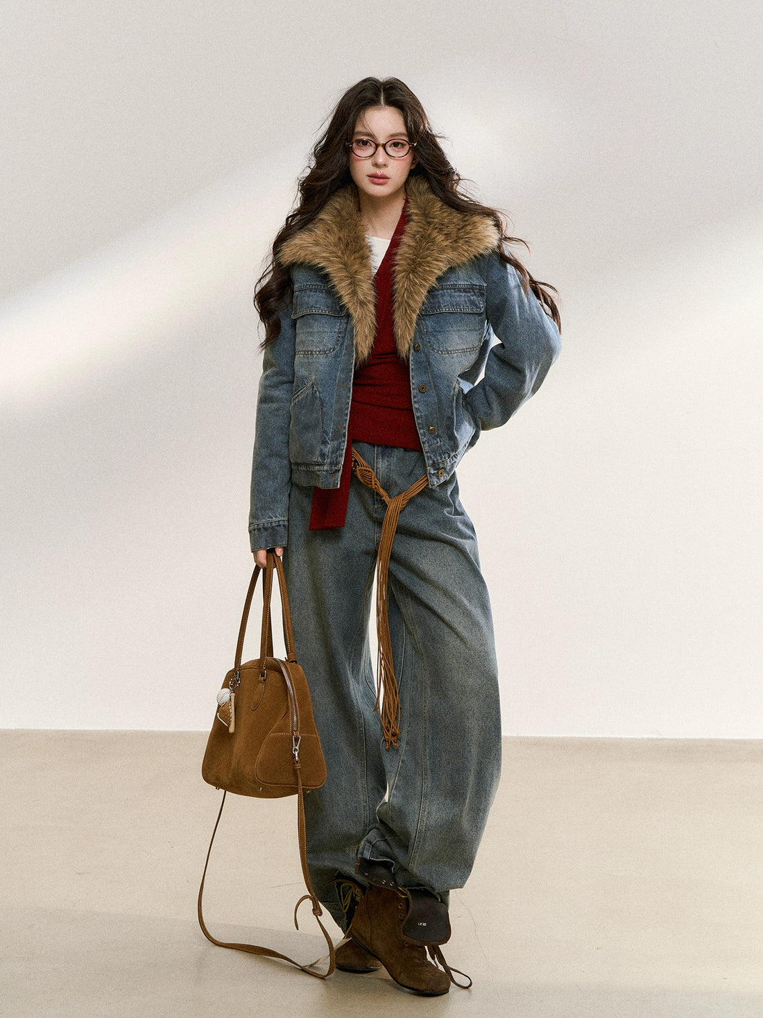 Faux Fur Collar Denim Jacket