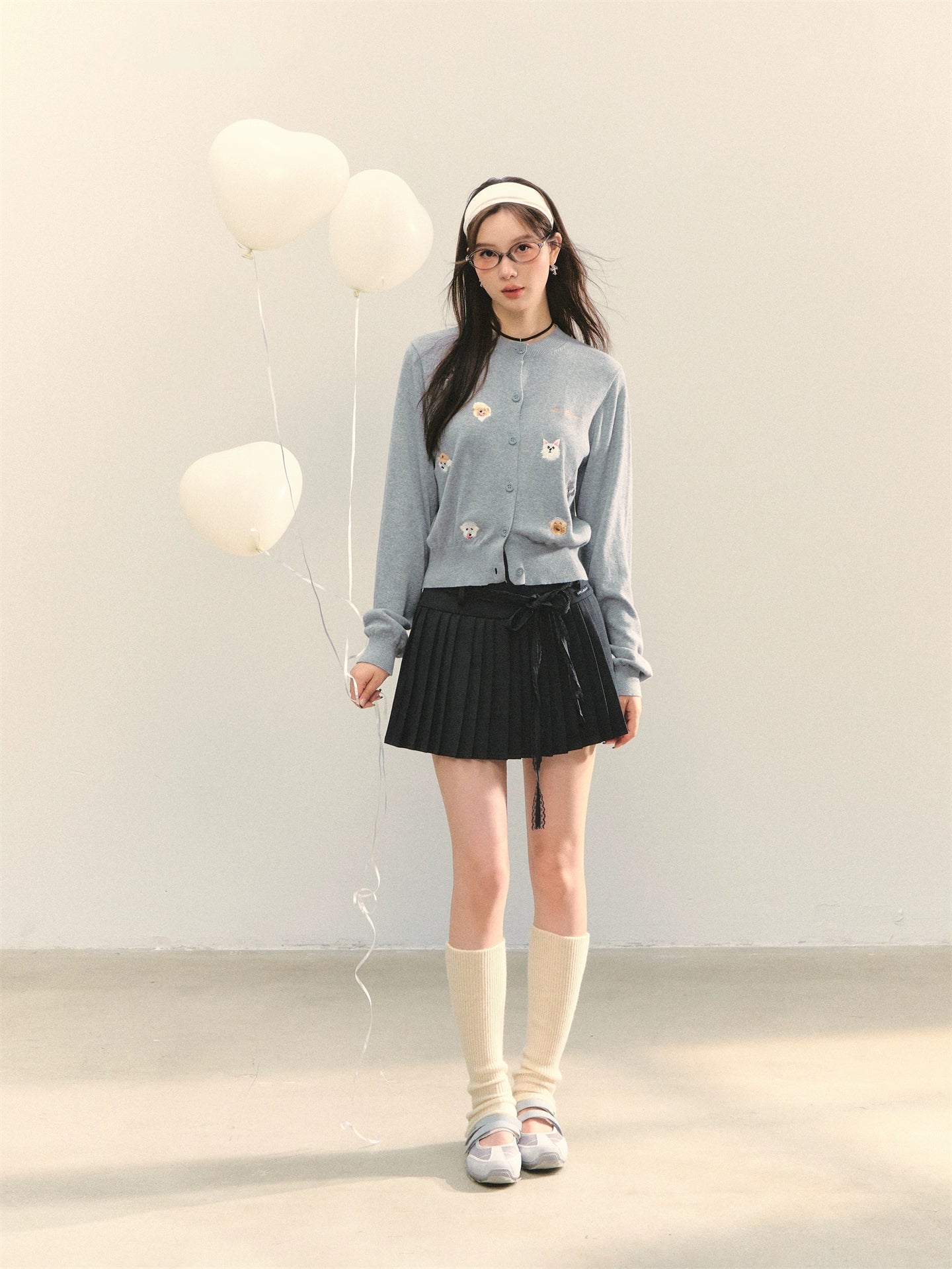 Dog Embroidery Crew Neck Knit Cardigan