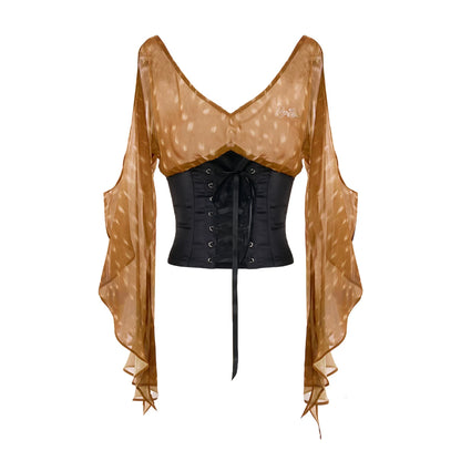 Fawn Print Off-Shoulder Chiffon Ruffle Corset