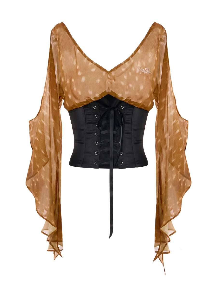 Fawn Print Off-Shoulder Chiffon Ruffle Corset
