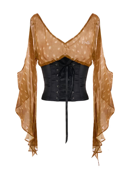 Fawn Print Off-Shoulder Chiffon Ruffle Corset