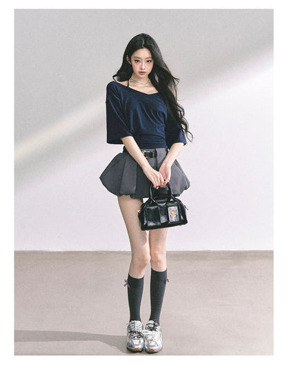 Asymmetric Short-Sleeve Halter Crop T-Shirt