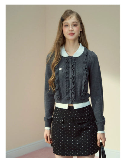 Grey Ruffle Collar Knit Cardigan