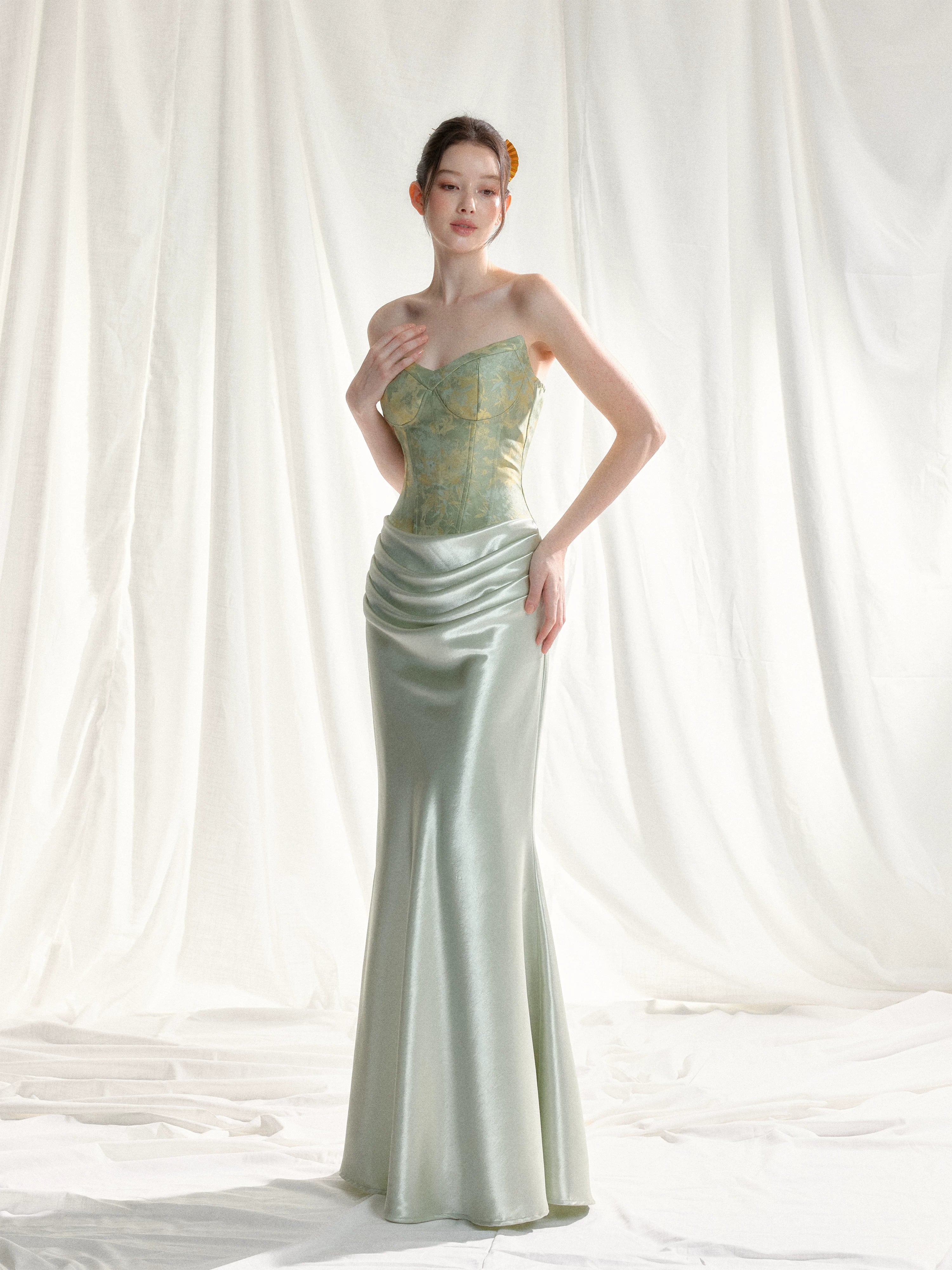 Jade Whisper Jacquard Corset Satin Evening Gown