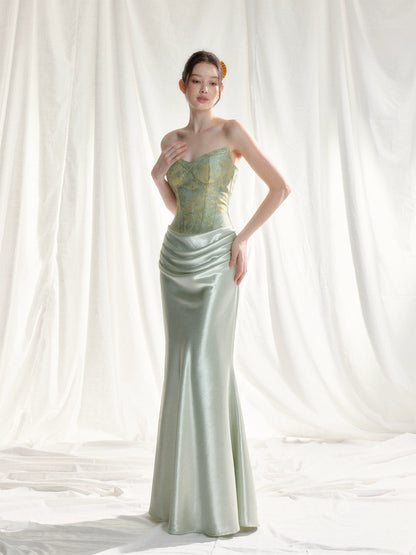 Jade Whisper Jacquard Corset Satin Evening Gown