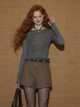 Cross-Stitch Print Ruffled Trim Fitted T-Shirt - CHINASQUAD