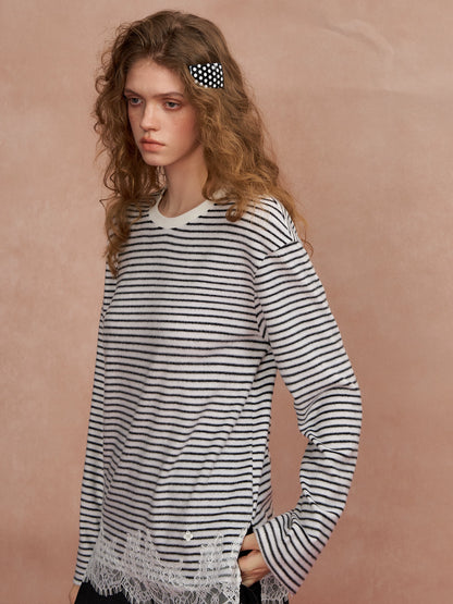 Lace-Panel Fuzzy Ribbed Long-Sleeve Tee