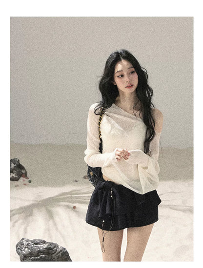 Sheer Off-Shoulder Sun Protection Knit Top Set