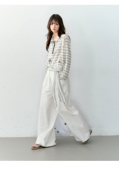 Star Print Off-Shoulder Striped Relaxed Knit Blouse