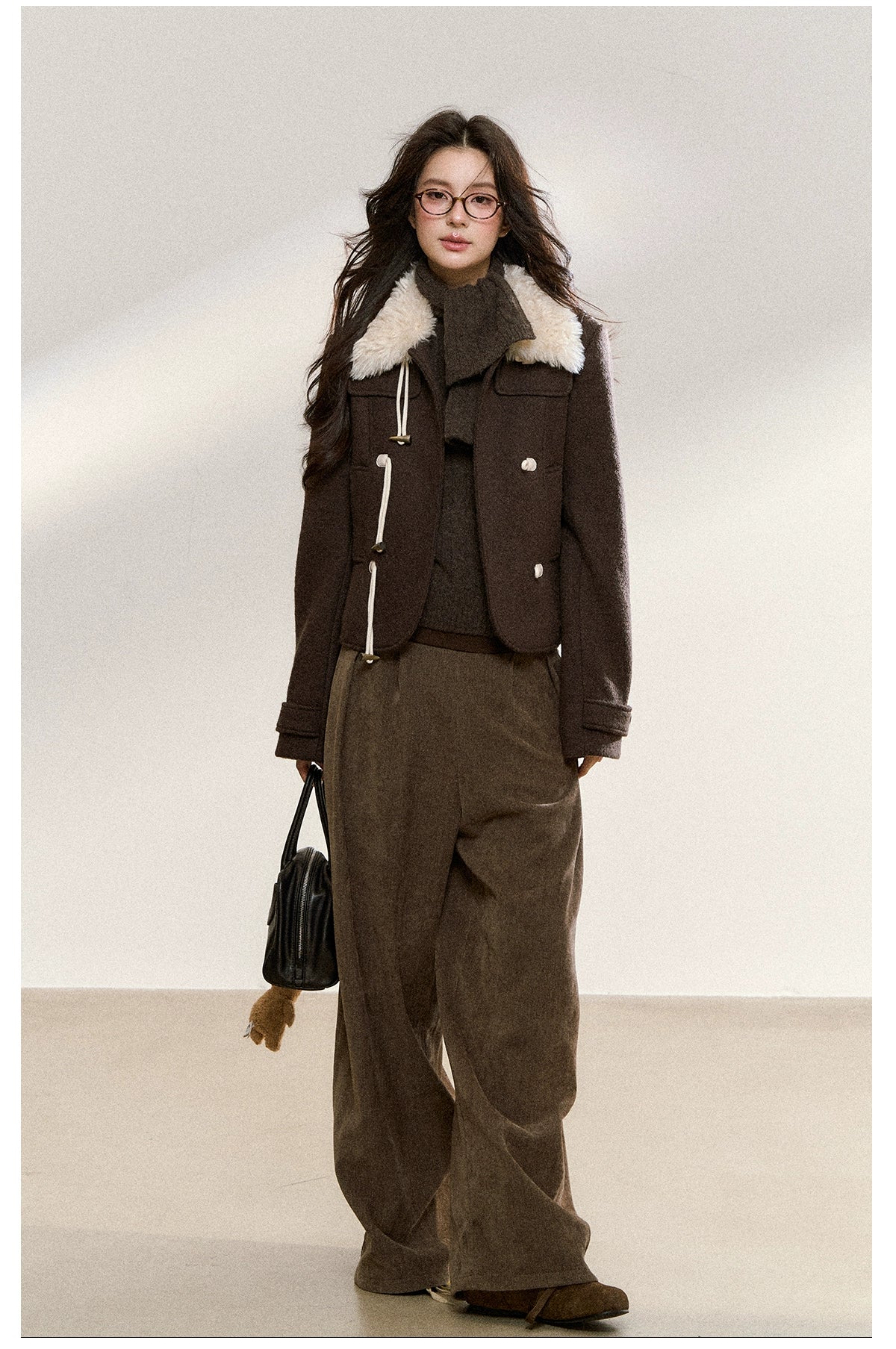 Brown Wool-Blend Toggle Cropped Jacket