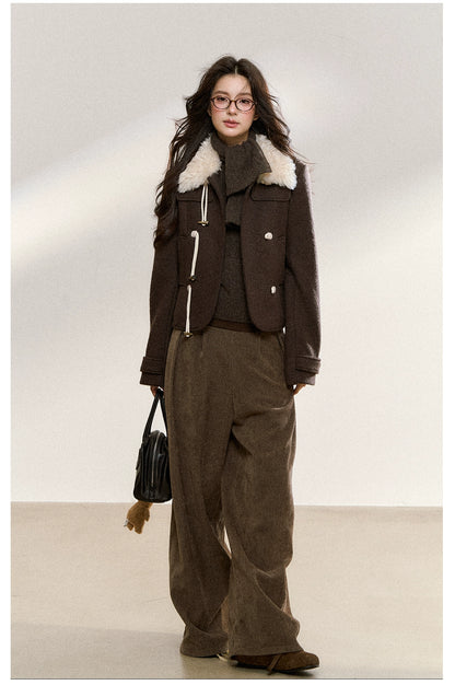 Brown Wool-Blend Toggle Cropped Jacket