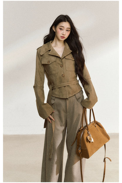 Khaki Suede Cropped Jacket
