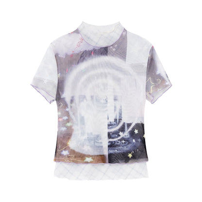 Magic Fountain Sheer Mesh Layered Slim-Fit T-Shirt