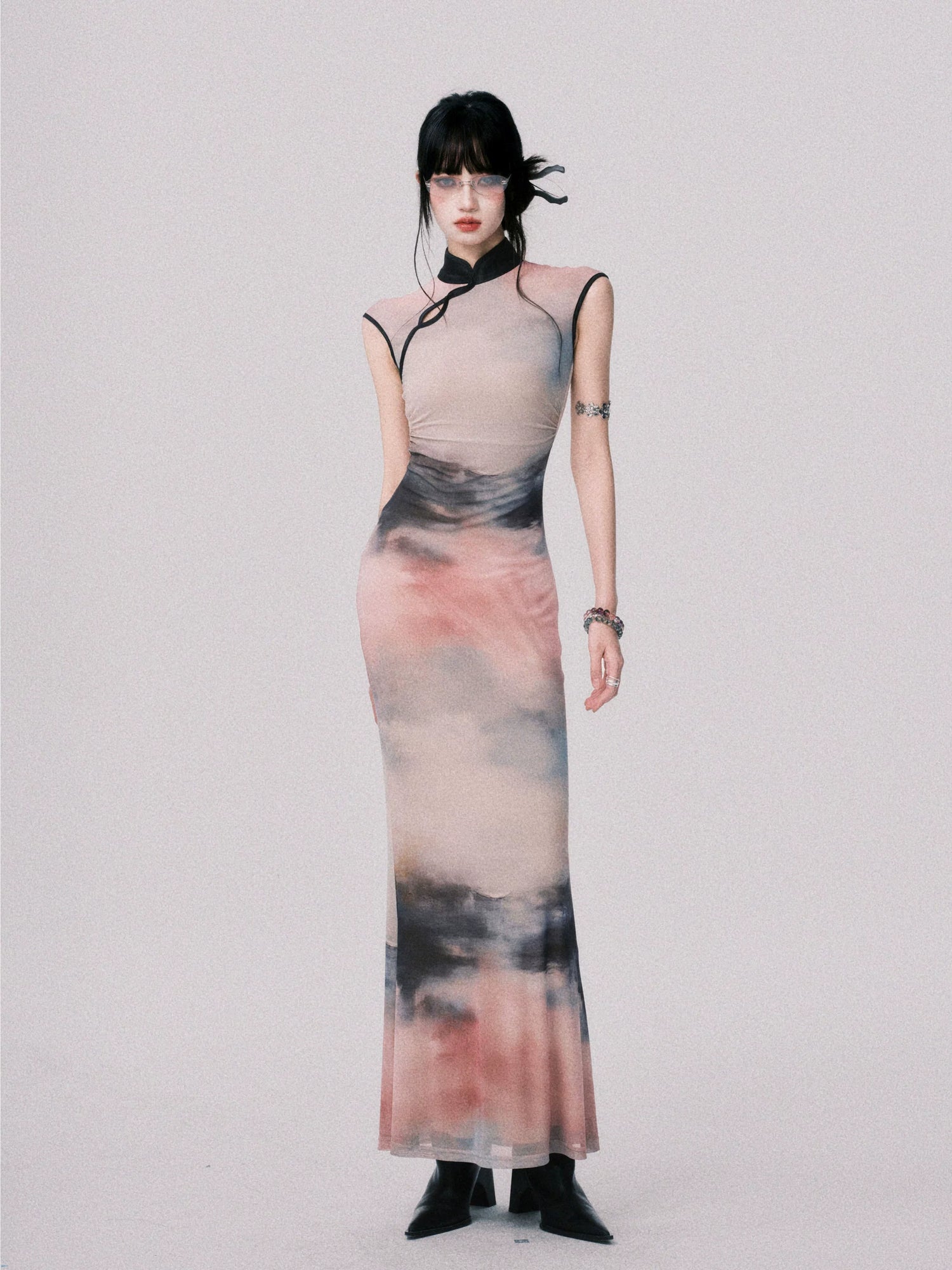 Stretch Mesh Cheongsam Maxi Dress