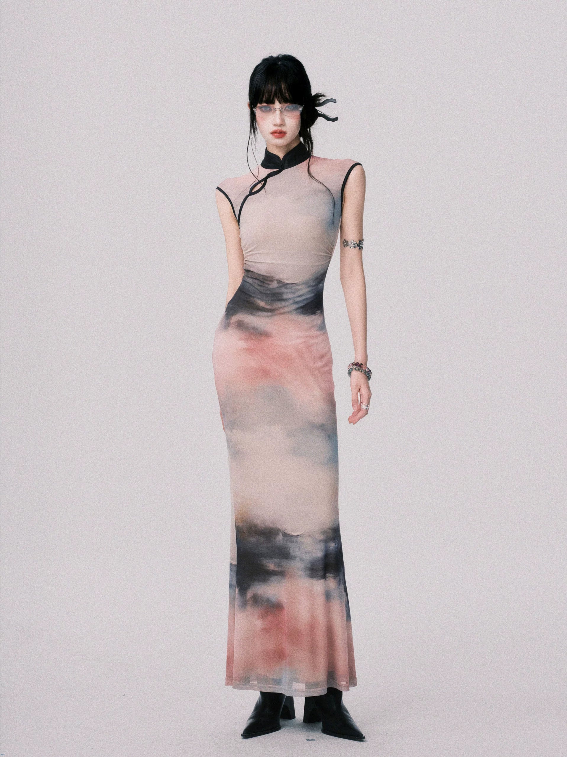 Stretch Mesh Cheongsam Maxi Dress