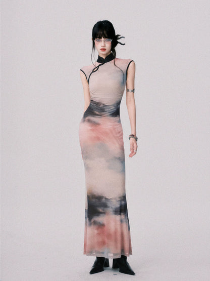 Stretch Mesh Cheongsam Maxi Dress