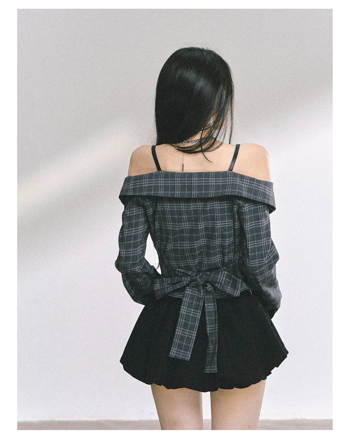 Off-Shoulder Plaid Long-Sleeve Shirt