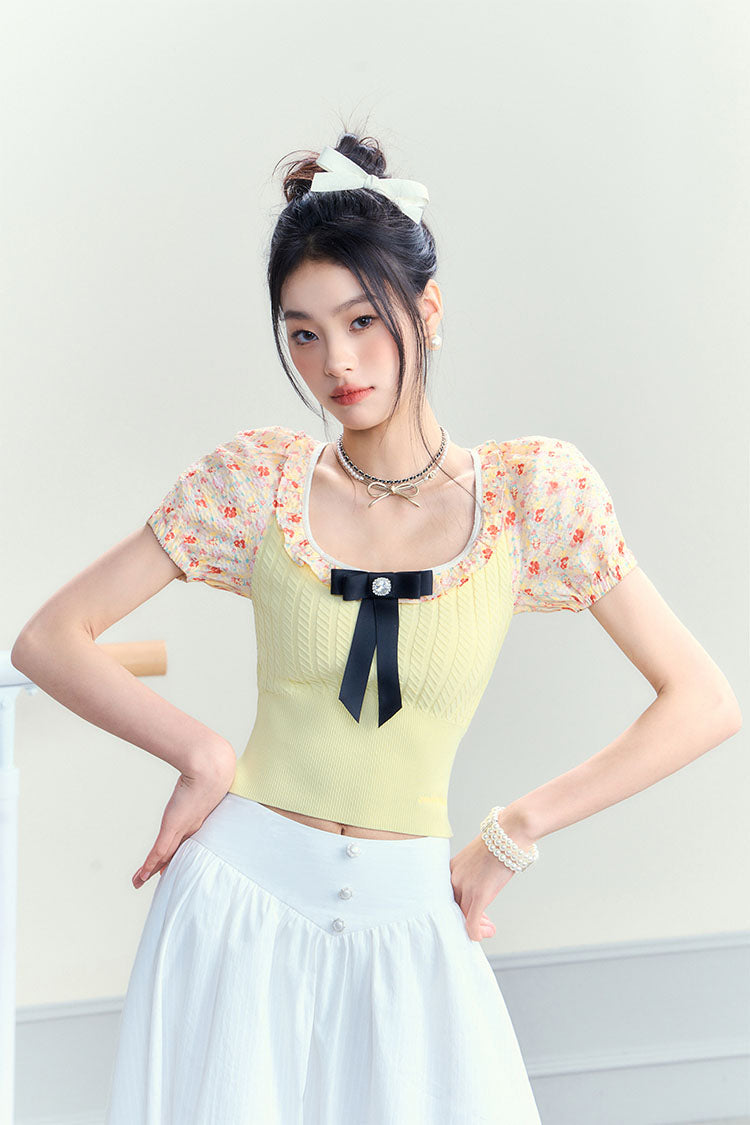 Floral Bubble Sleeve Slim Knitted Top - CHINASQUAD