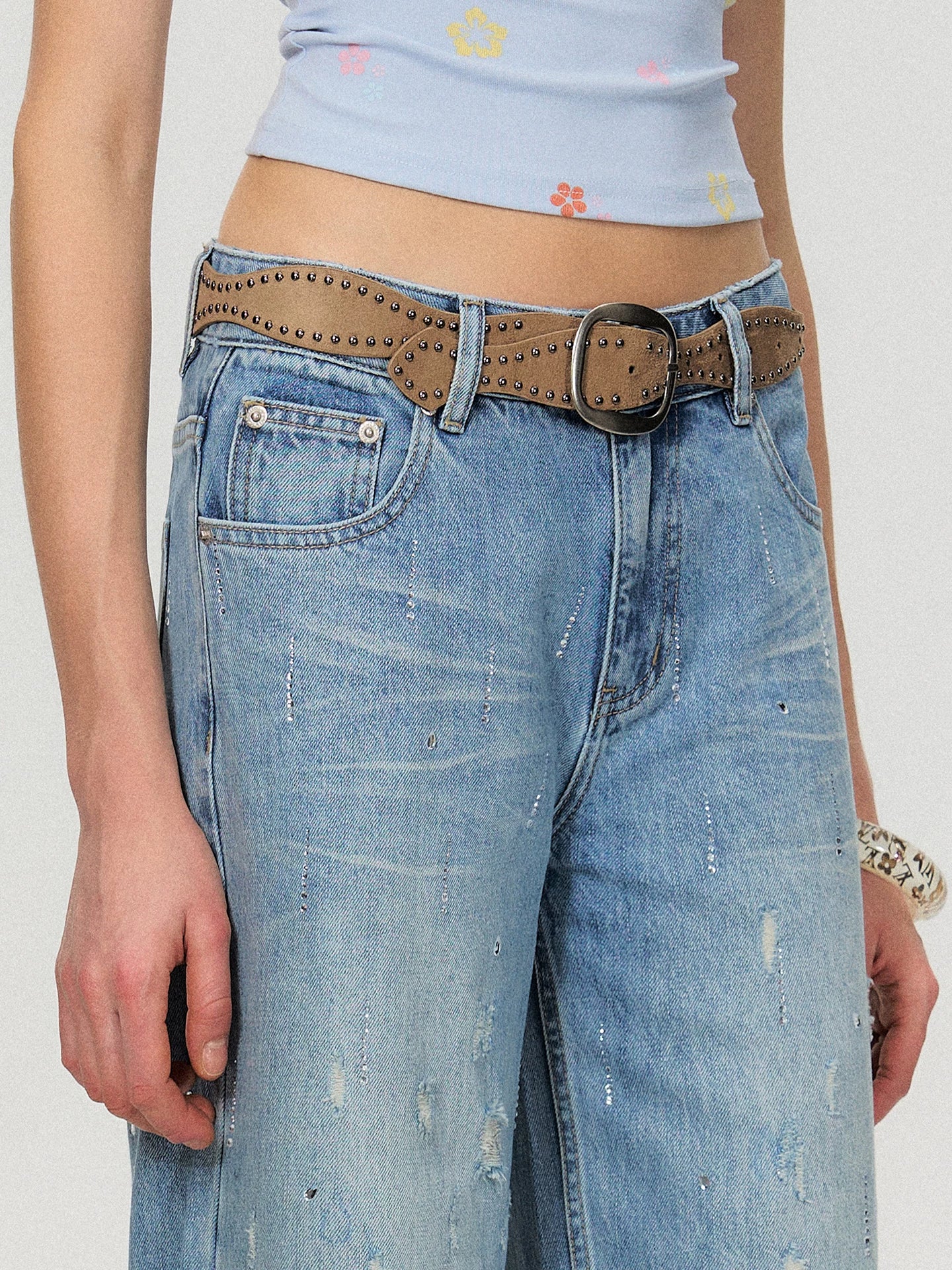 Vintage Washed Blue Rhinestone Embellished Straight-Leg Denim Trousers