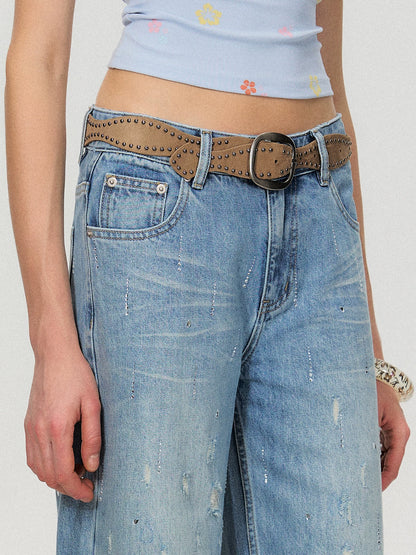 Vintage Washed Blue Rhinestone Embellished Straight-Leg Denim Trousers