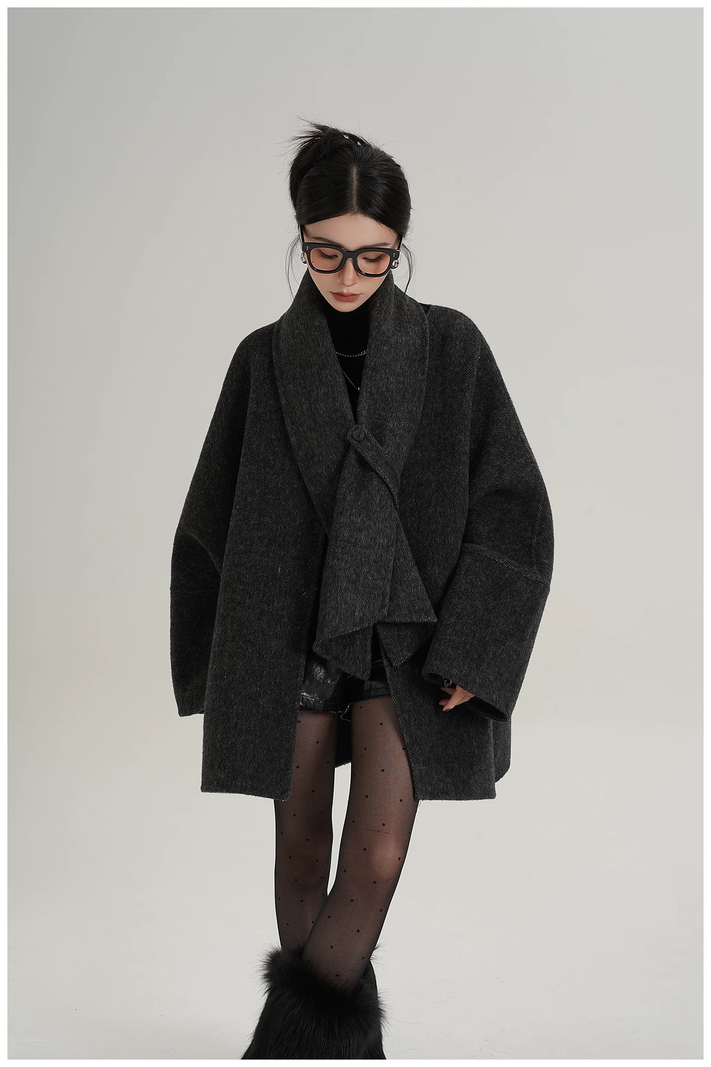 Scarf-Detail Mid-Length Wool Jacket