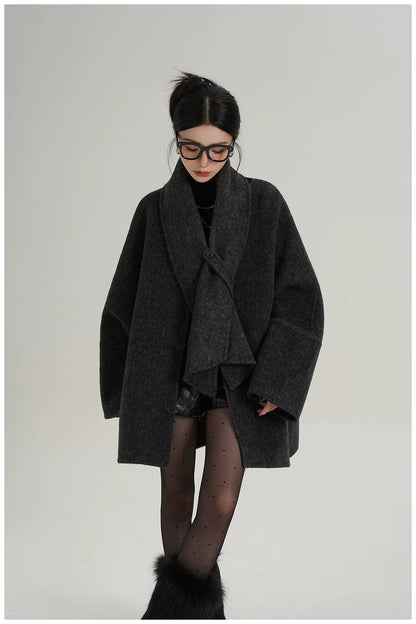 Scarf-Detail Mid-Length Wool Jacket