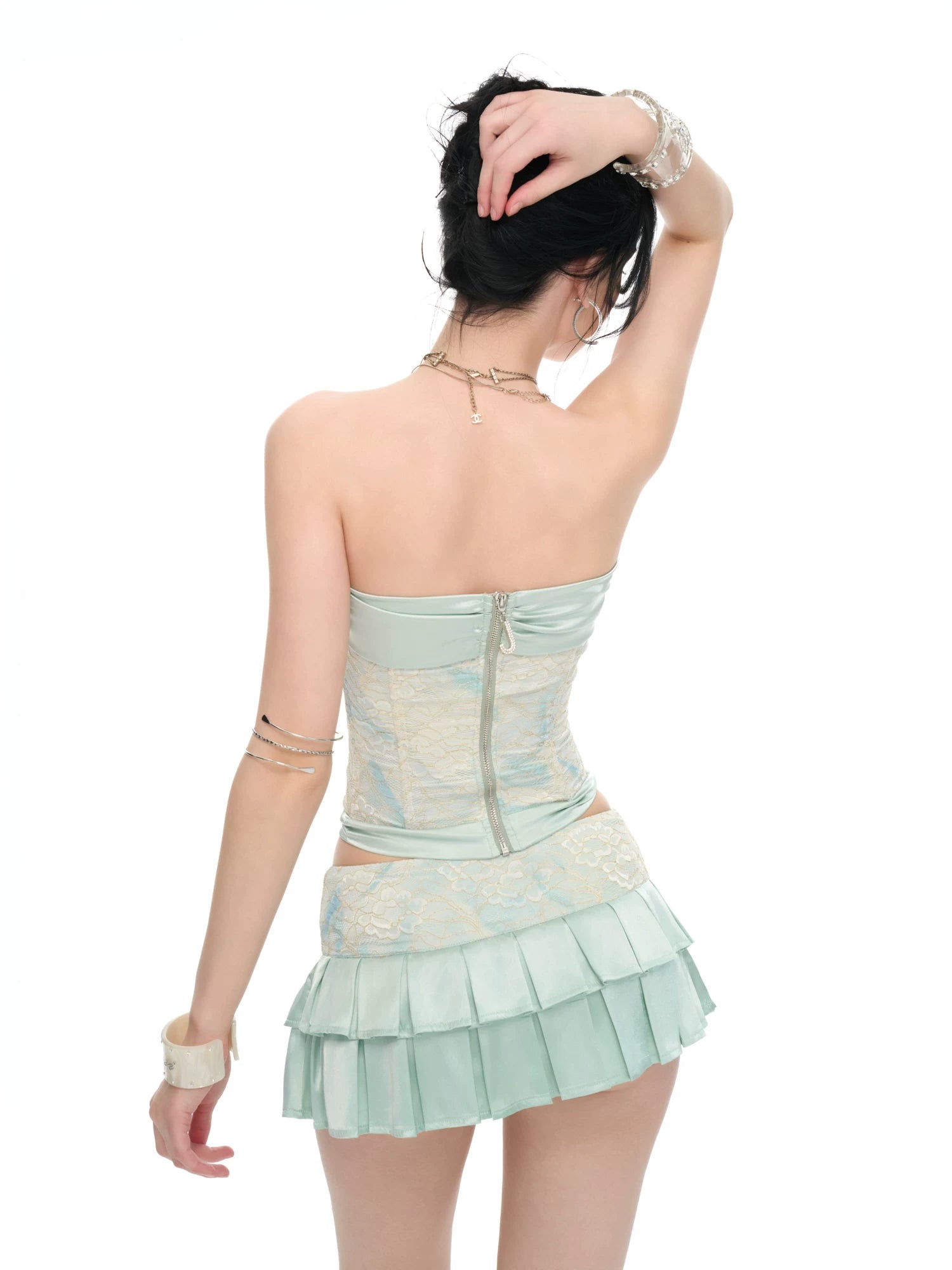 Lace Satin Corset Bandeau &amp; Low-Rise Mini Skirt Set