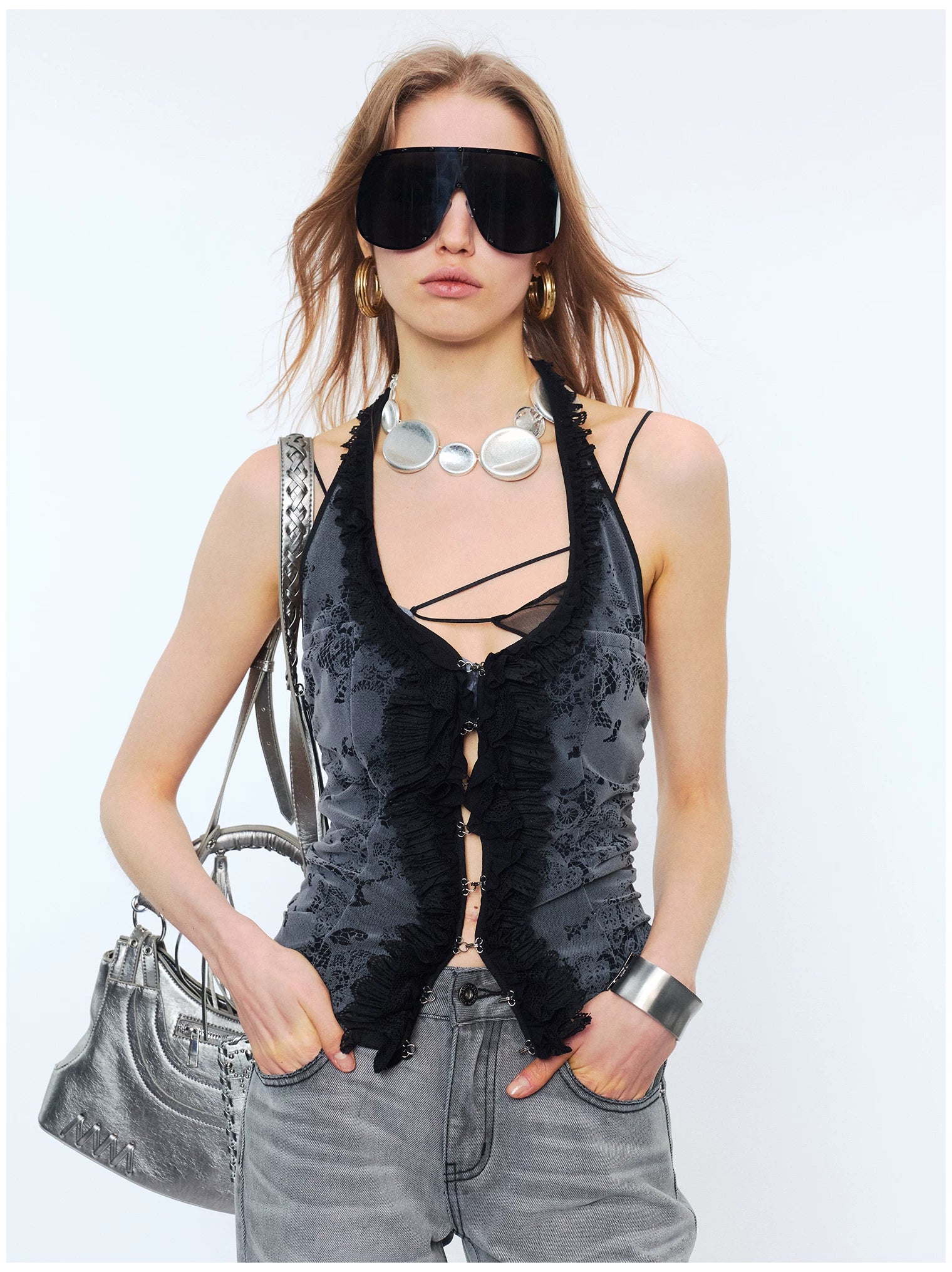 Lace Ruffle Floral Halterneck Camisole