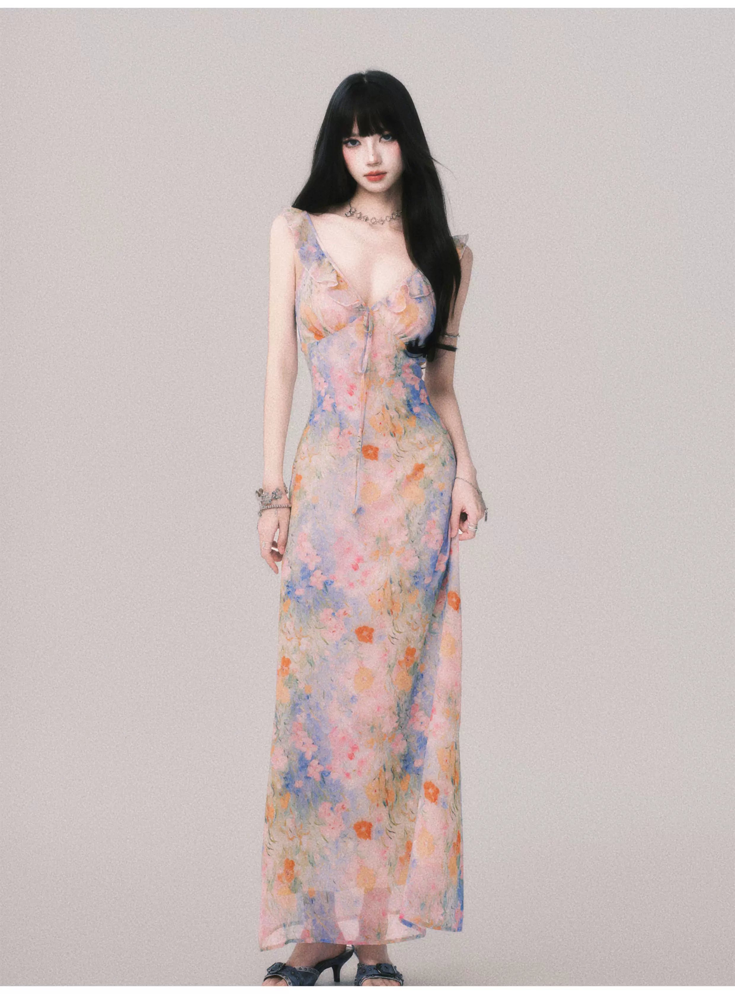 Floral V-Neck French Slip Maxi Dress