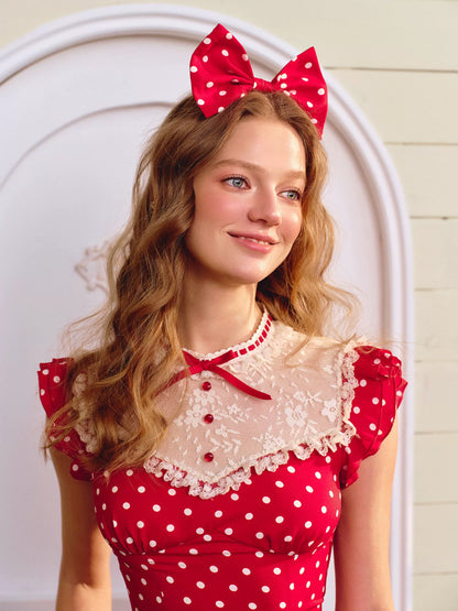Red Sweet Collegiate Polka Dot Lace Dress