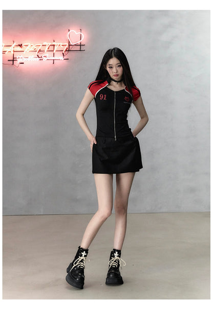 Black Color-blocking with Zipper Waist Short Sleeve