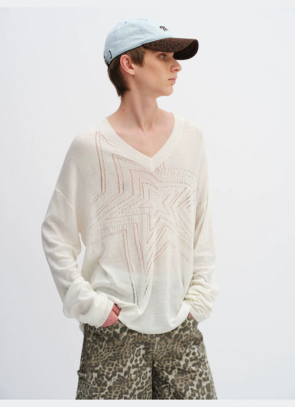 Cotton Hollow Star V-Neck Knit Cardigan