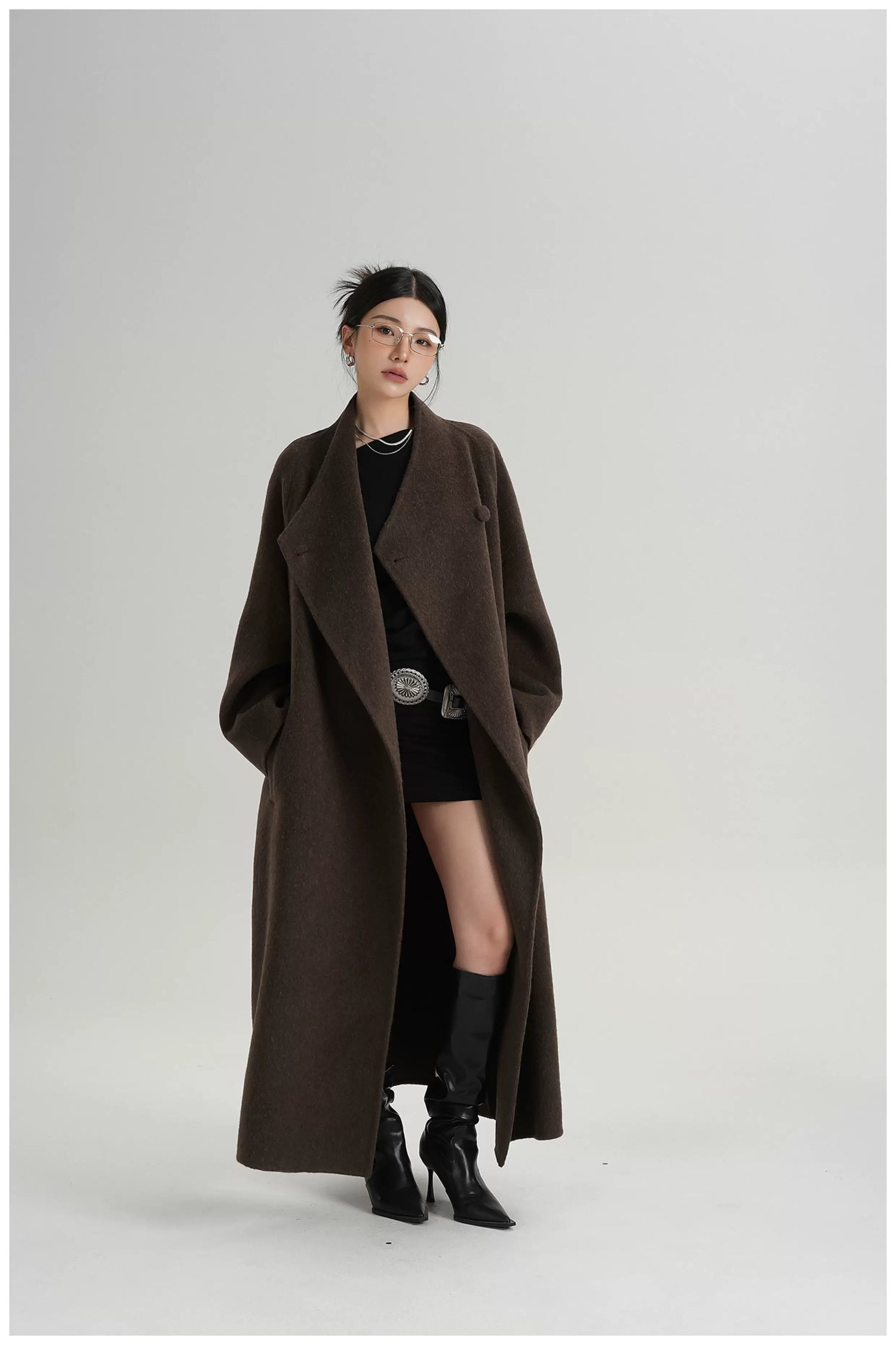 Asymmetric Button Long Wool Coat