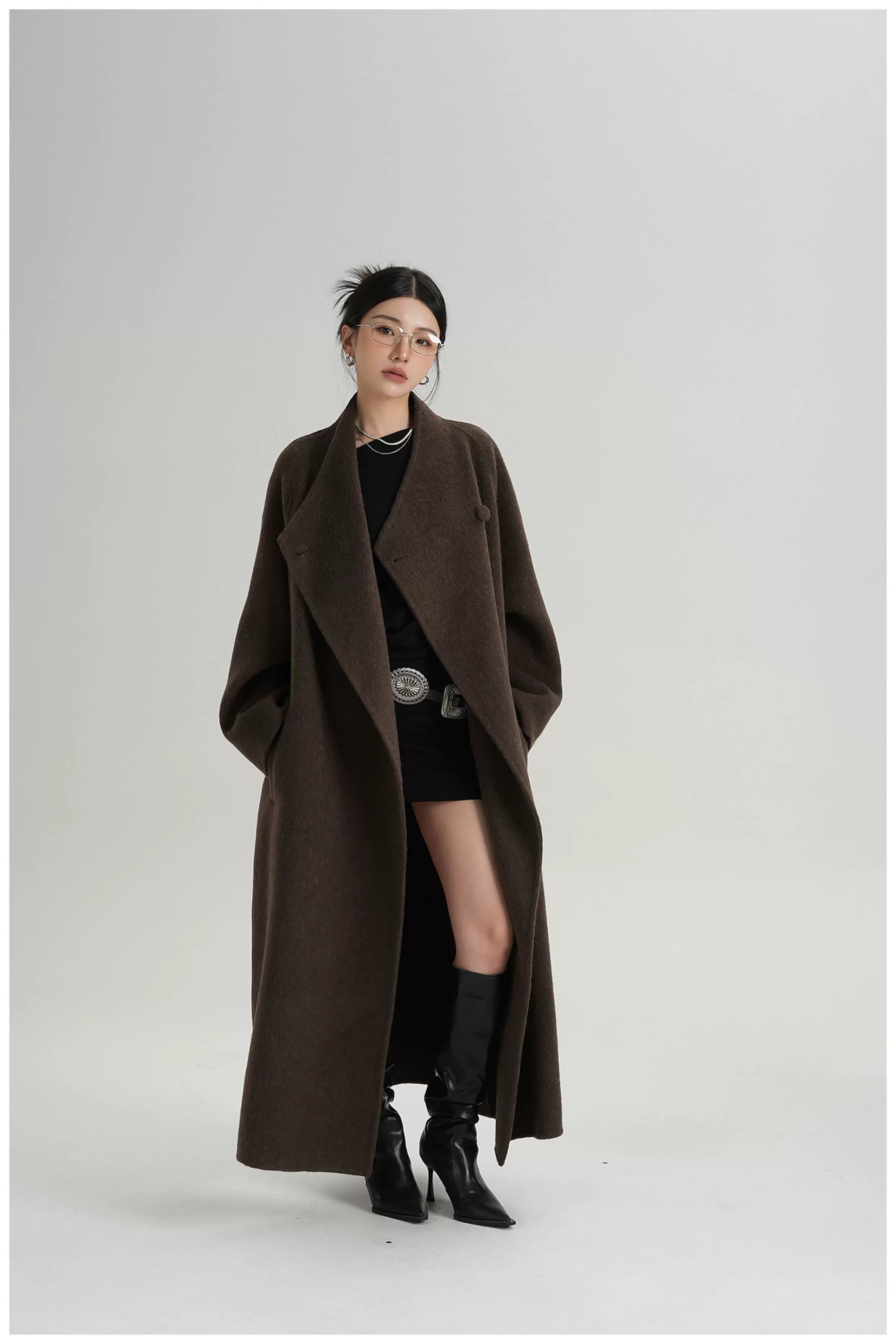 Asymmetric Button Long Wool Coat