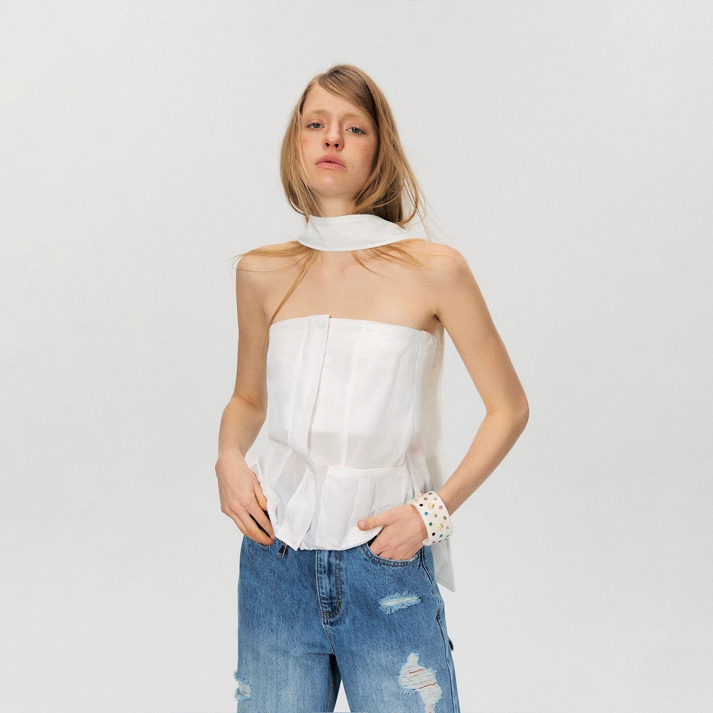 Sheer Utility-Inspired Strapless Peplum Top