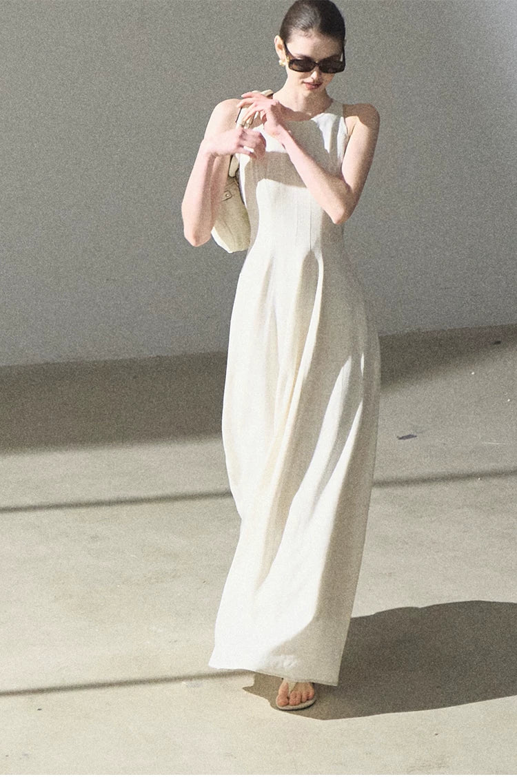 Golden Thread Linen-Blend Sleeveless A-Line Maxi Dress White / M