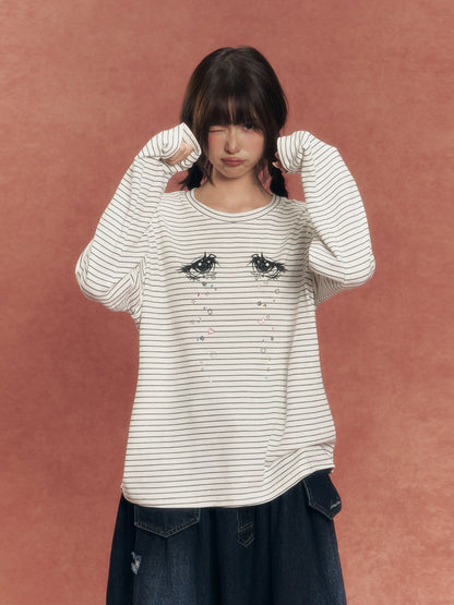 Crystal Eye Print Striped Long-Sleeve T-Shirt