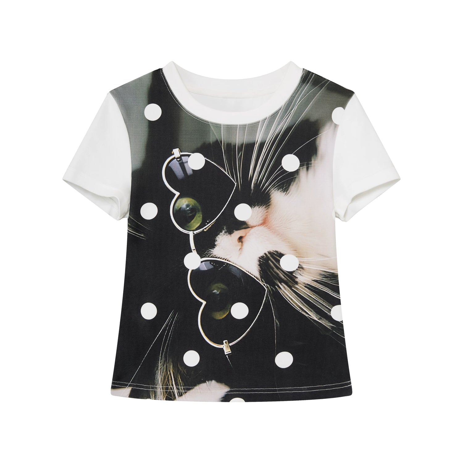 Playful Cat Polka Dot Cropped T-Shirt