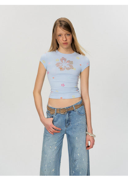Vintage Washed Blue Rhinestone Embellished Straight-Leg Denim Trousers