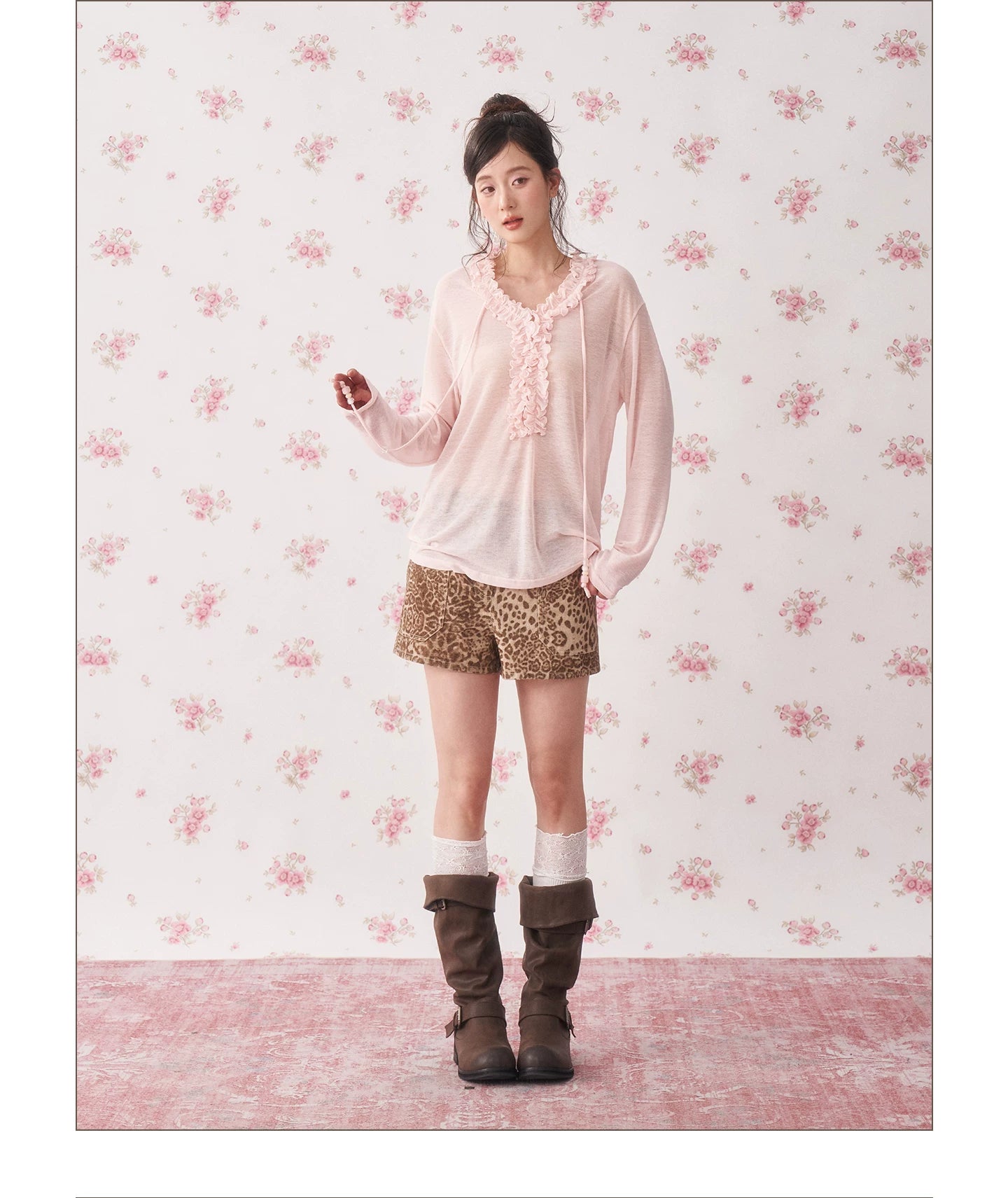 Ruffle Drawstring Sheer Knit Sun-Protective Long Sleeve Top