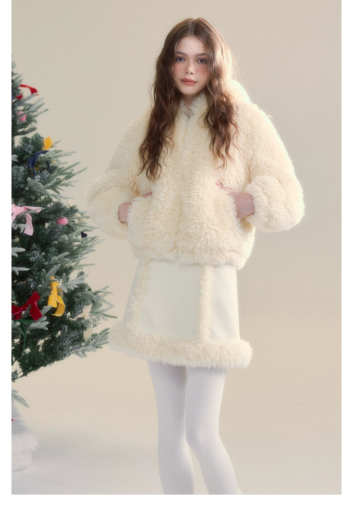 Cream Rabbit Shearling Coat &amp; Skirt Set - CHINASQUAD