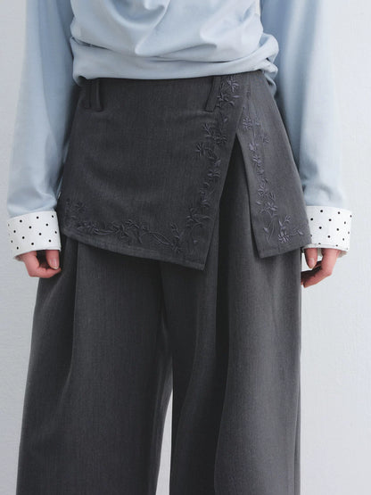 Embroidered Panel Wide-Leg Tailored Trousers