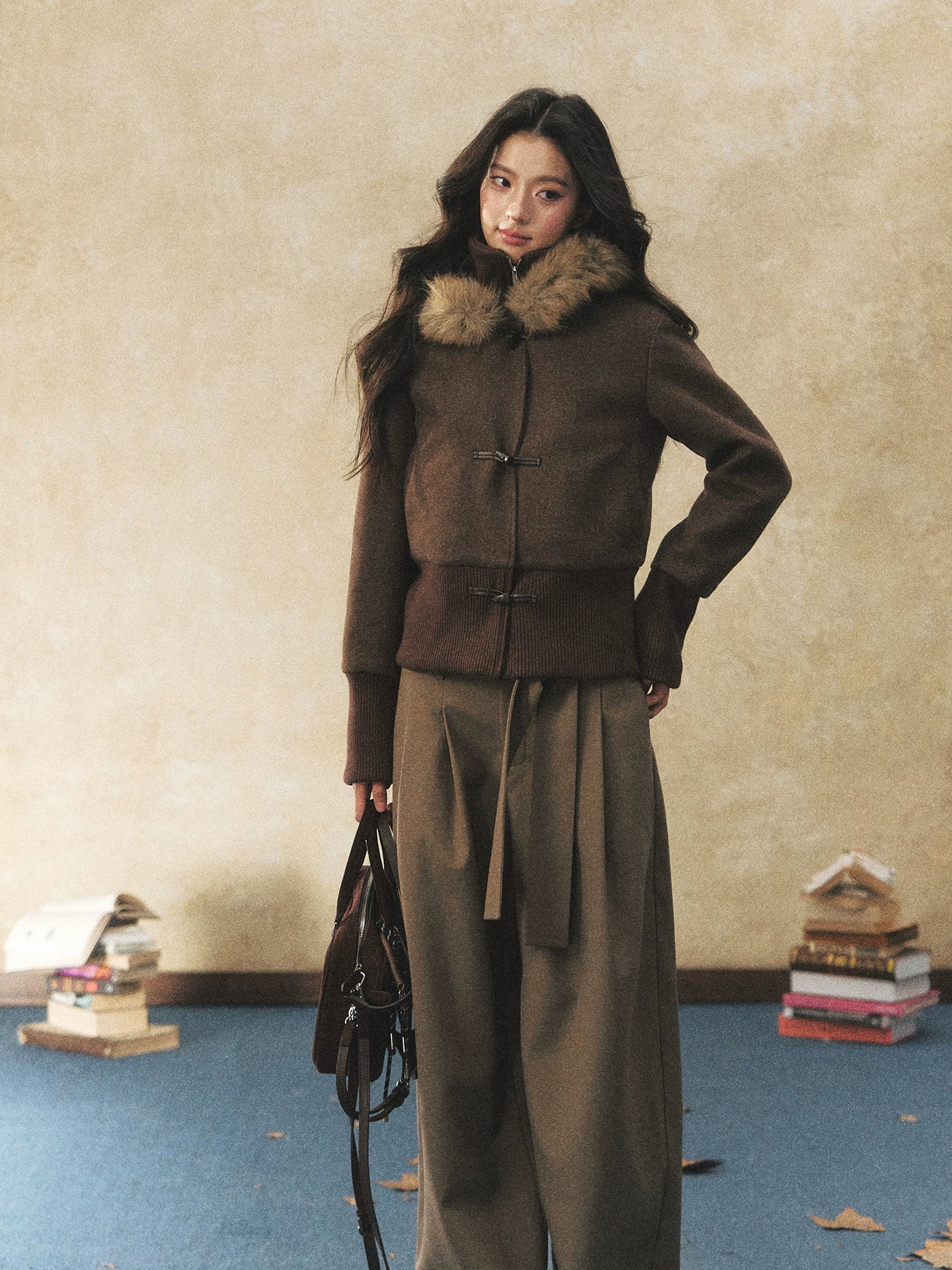 Fur Collar Faux-Layered Wool-Blend Jacket